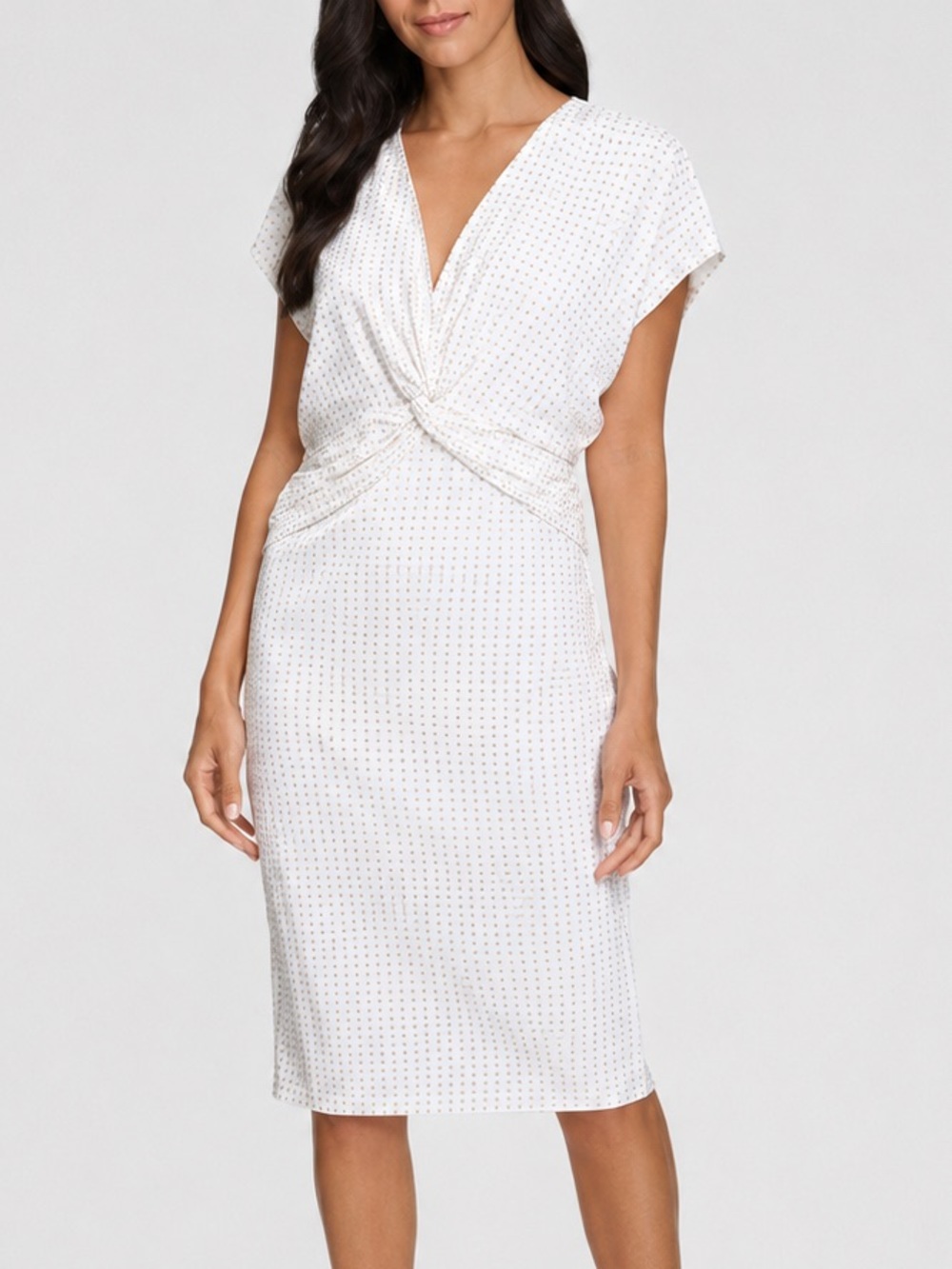 🆕🥥Calvin Klein White&Gold Studded Ruched Midi Dress Size 10 Cocktail Party Dress